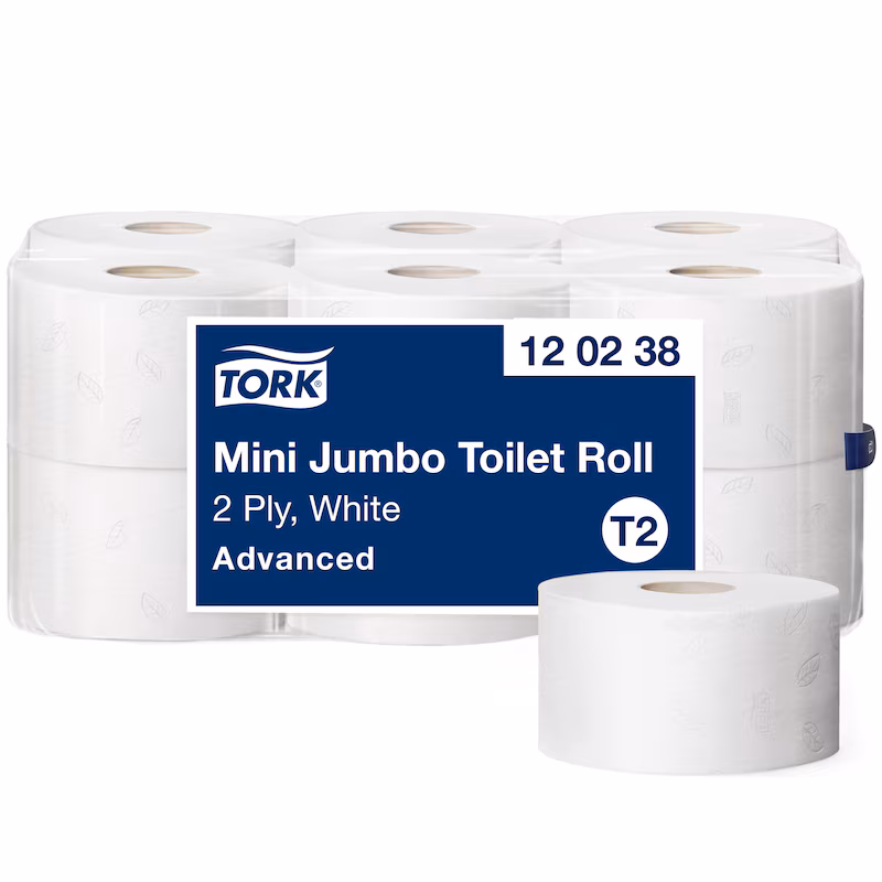 Tork® 120238 Mini Jumbo Toilet Roll Advanced - 2 Ply, 850 Sheets per Roll, Case of 12