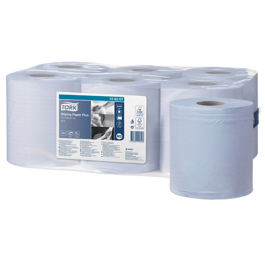 Tork® 128207 Wiping Paper Plus, Blue, M2 Centrefeed Roll – 2 Ply, 157.5?m, Case of 6
