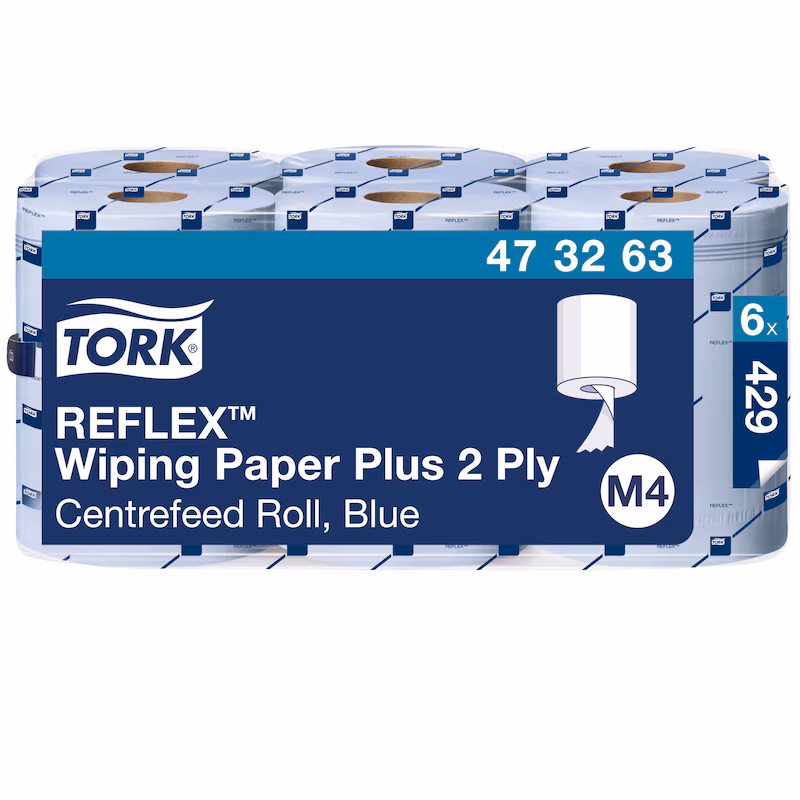 Tork® 473263 Reflex™ Wiping Paper Plus, Blue, M4 Centrefeed Roll – 2 Ply, 150m, Case of 6