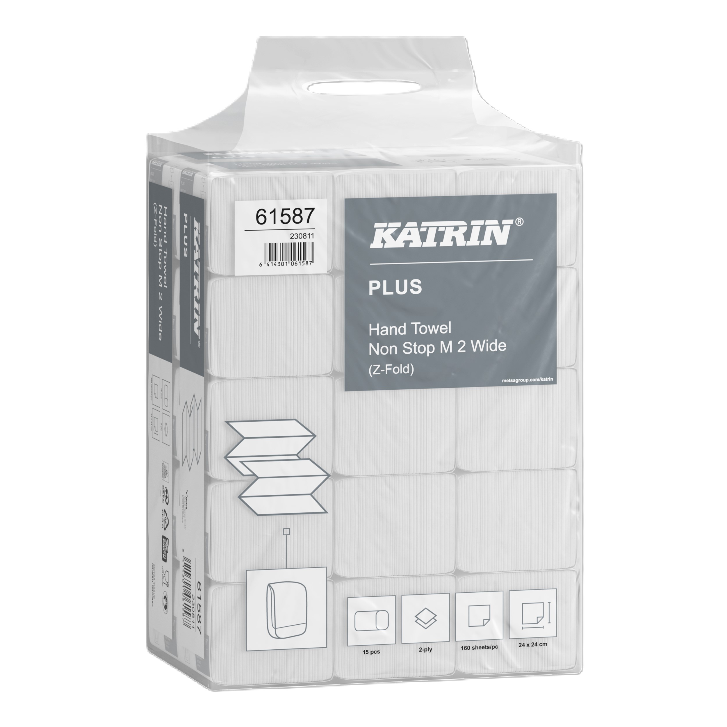 Katrin Plus® 61587 Z-Fold Paper Towels Non-Stop Medium Wide - 2 Ply, 15 Packs x 160 Sheets (2,400 total)
