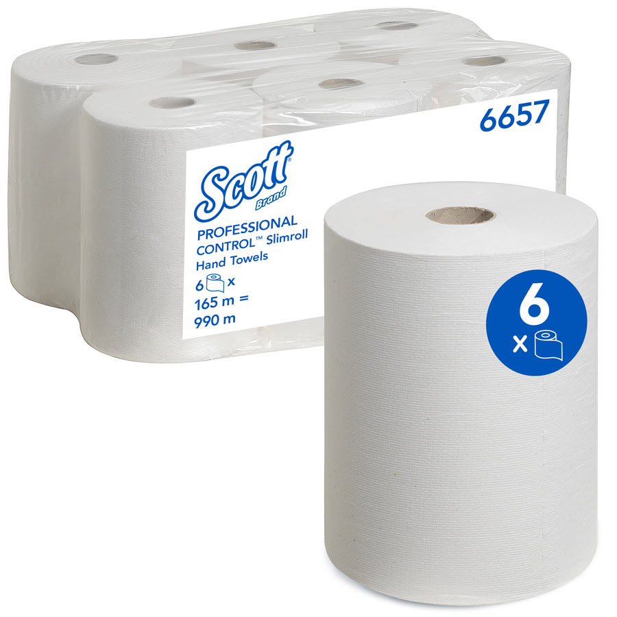 Scott® Slimroll™ 6657 Hand Towels for Dispenser – 1 Ply, 165m, Case of 6 Rolls