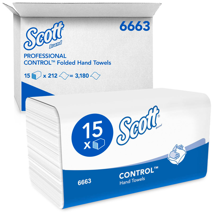 Scott® Control™ 6663 Interfold M-Fold Hand Towels – 1 Ply, 15 Packs x 212 Sheets (3,180 total)