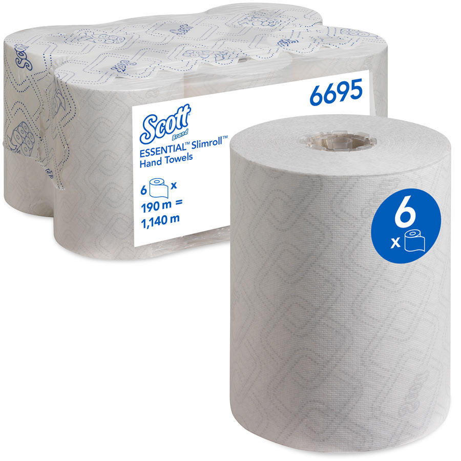 Scott® Essential™ Slimroll™ 6695 Rolled Hand Towel White Rolls – 1 Ply, 190m, Case of 6 Rolls