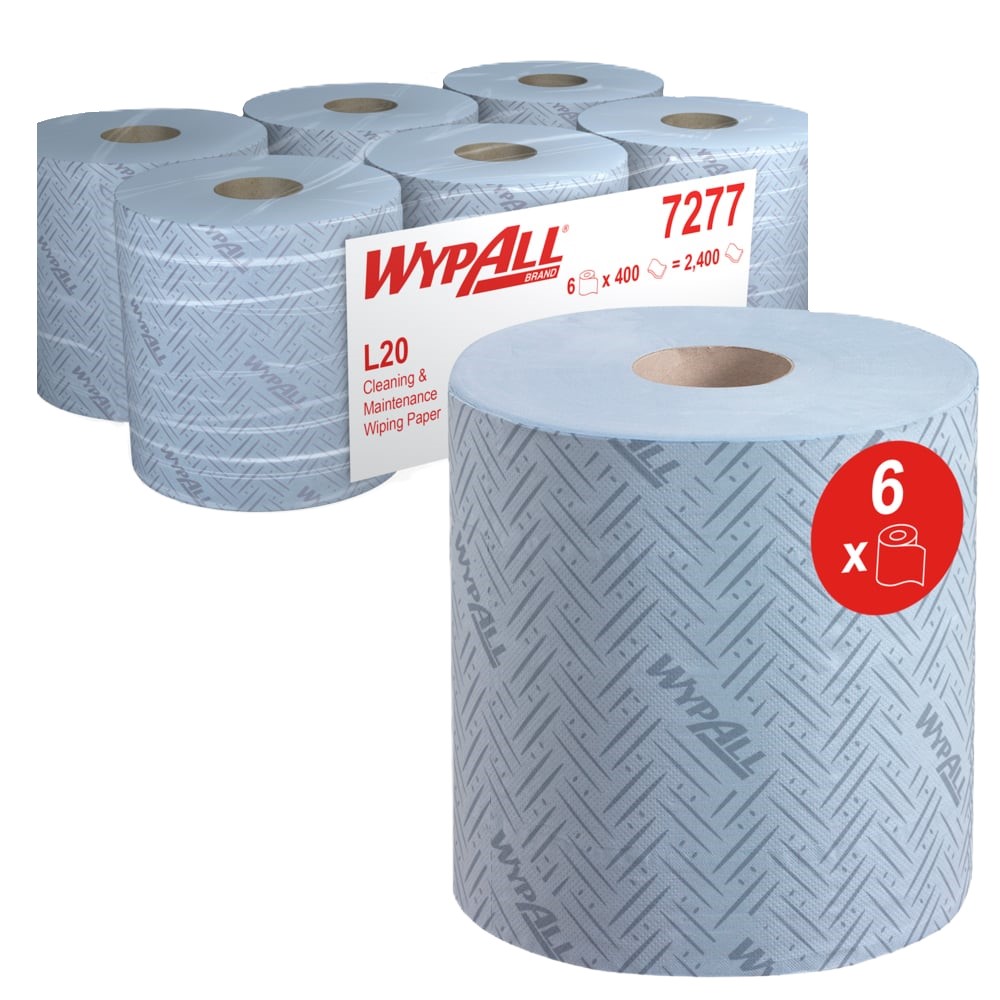 WypAll® 7277 L20 Cleaning & Maintenance Wiping Paper– 2 Ply Centrefeed Blue - 6 Blue Rolls x 400 Paper Wipers (2,400 Total)