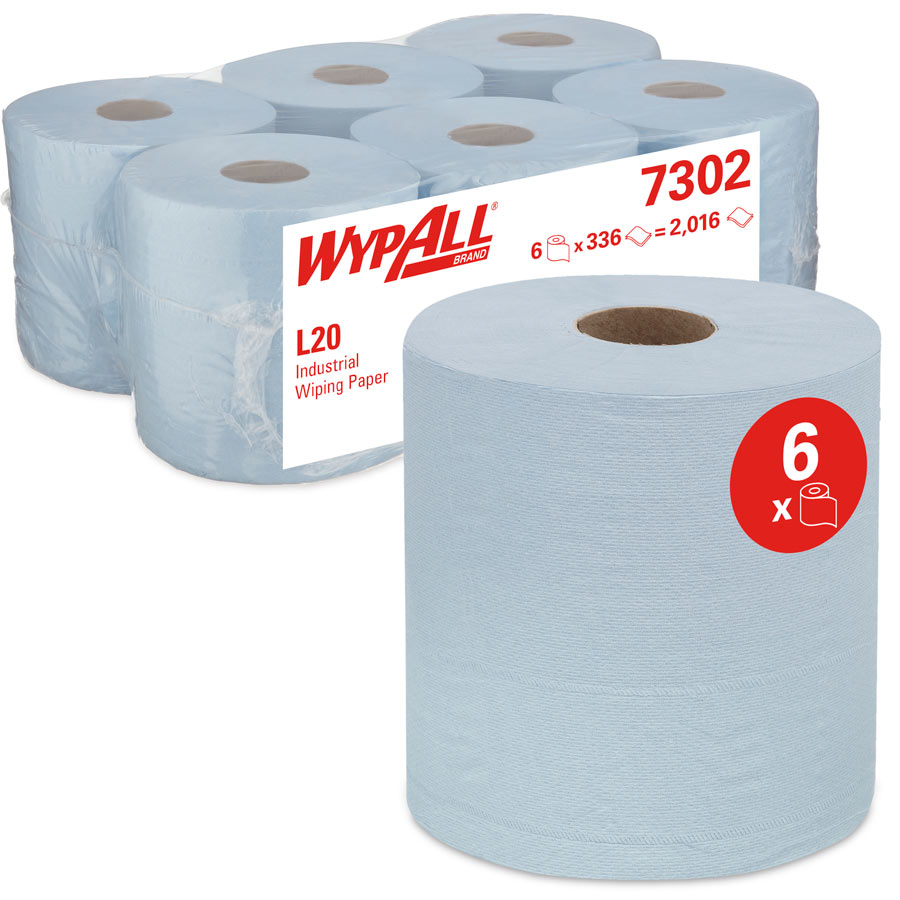 WypAll® 7302 L20 Industrial Wiping Paper– 2 Ply Centrefeed Blue - 6 Rolls x 336 Sheets