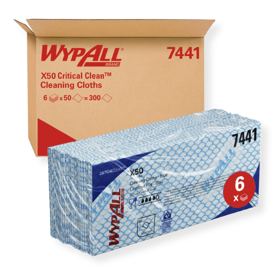 WypAll X50 Colour Coded Cleaning Cloths 7441 - Blue Wiping Cloths - 6 Packs x 50 Interfolded Colour Coded Cloths (300 total)