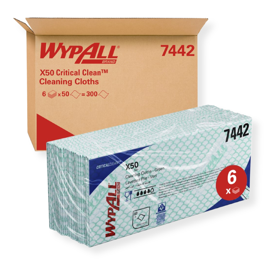 WypAll X50 Colour Coded Cleaning Cloths 7442 - Green Wiping Cloths - 6 Packs x 50 Interfolded Colour Coded Cloths (300 total)
