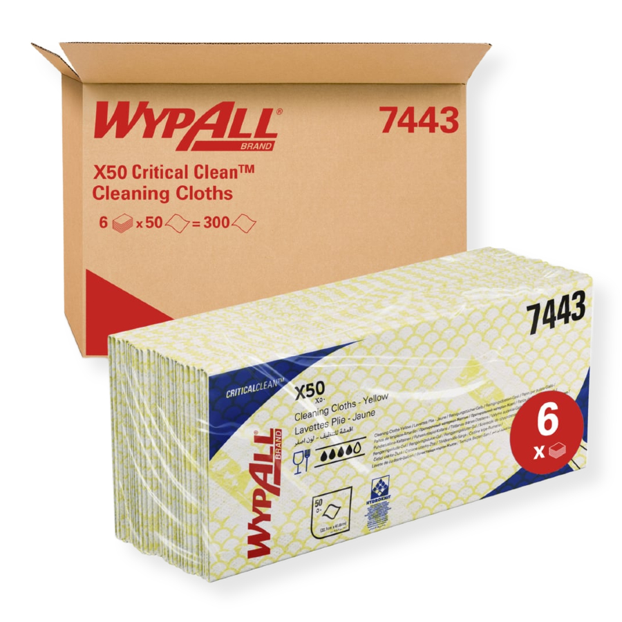 WypAll X50 Colour Coded Cleaning Cloths 7443 - Yellow Wiping Cloths - 6 Packs x 50 Interfolded Colour Coded Cloths (300 total)