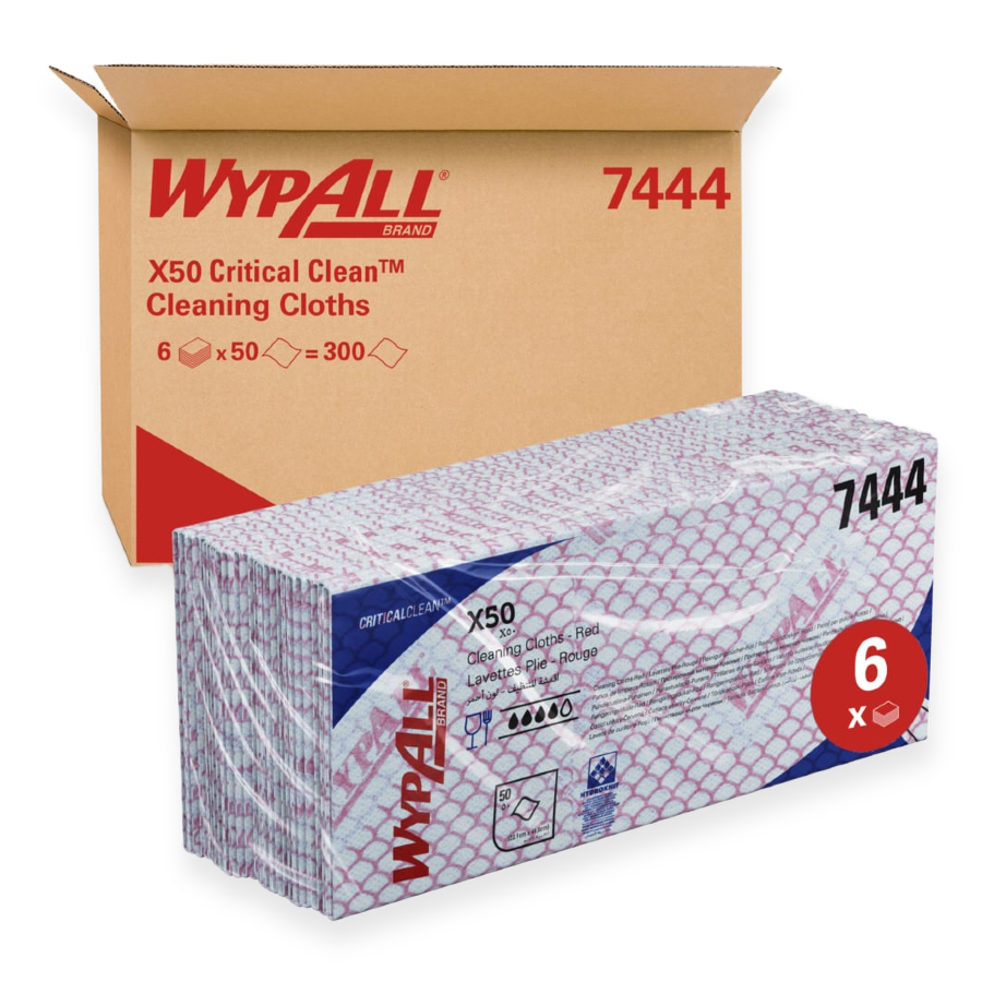 WypAll X50 Colour Coded Cleaning Cloths 7444 - Red Wiping Cloths - 6 Packs x 50 Interfolded Colour Coded Cloths (300 total)