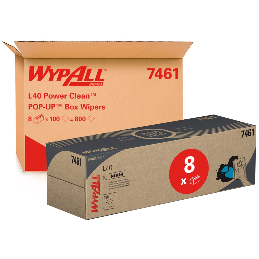 WypAll® 7461 L40 Power Clean™ Pop-Up Box – 8 Boxes x 100 Wipes