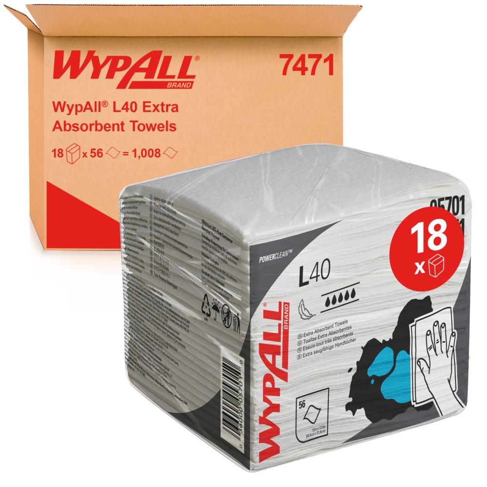 WypAll® 7471 L40 Extra Absorbent Towels – 1 Ply Quarter Fold Wipes – 18 Packs x 56 Sheets