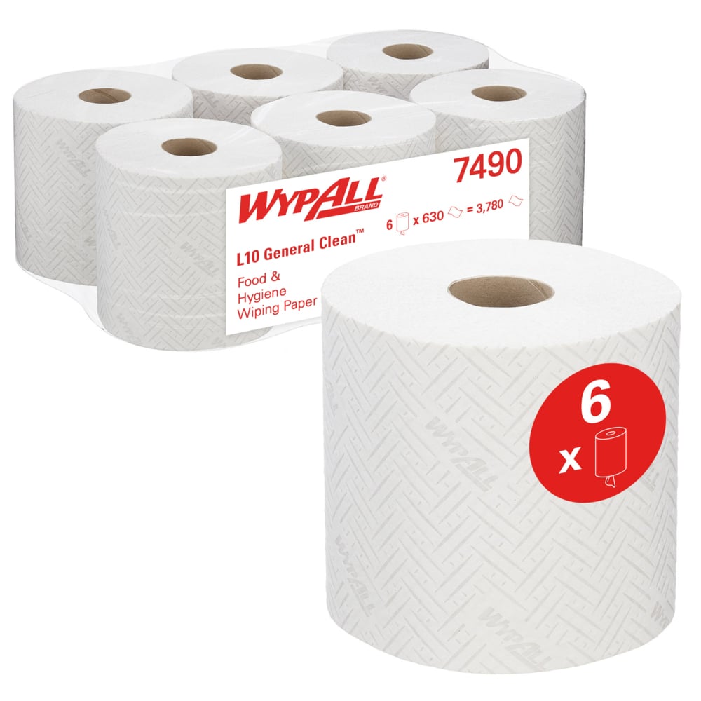 WypAll® L10 General Clean™ 7490 Food & Hygiene White Centrefeed Roll – 1-Ply, 630 Sheets/Roll, Case of 6 (3,780 Total)