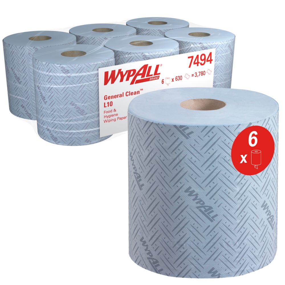 WypAll® L10 General Clean™ 7494 Food & Hygiene Blue Centrefeed Roll – 1-Ply, 630 Sheets/Roll, Case of 6 (3,780 Total)