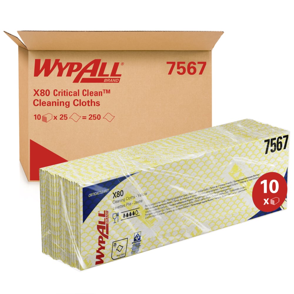 WypAll® X80 Critical Clean™ 7567 Colour Coded Heavy Duty Cleaning Cloths – Yellow, 25 Wipes per Pack, Case of 10 (250 total)
