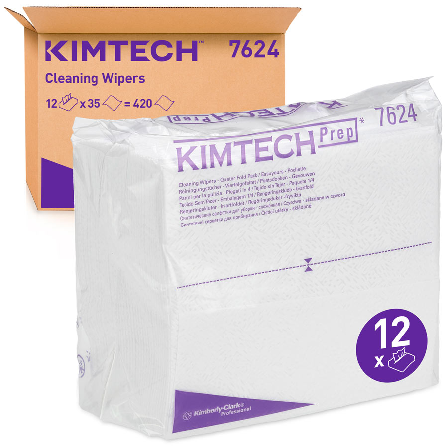 Kimtech® 7624 Pure Cleaning Wipers - 1 Ply, White, ¼ Folded, 12 Bags x 35 Sheets (420 total)