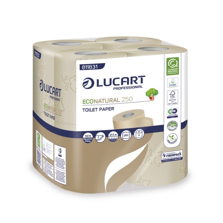 Lucart 811831 EcoNatural 250 Standard Toilet Roll - 2 Ply, 250 Sheets per Roll, Case of 64