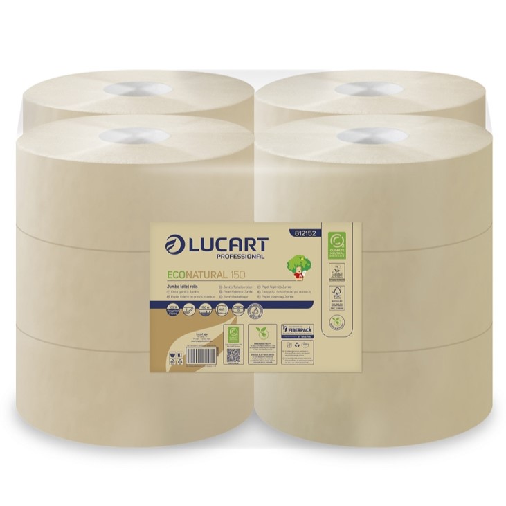 Lucart 812152 EcoNatural 150 Mini Jumbo Toilet Roll - 2 Ply, 405 Sheets per Roll, Case of 12