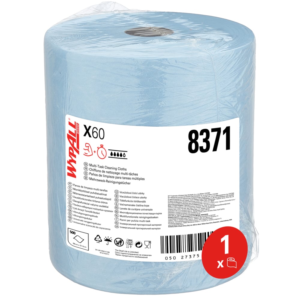 WypAll® X60 General Clean™ 8371 Large Blue Roll Cleaning Cloths –x 500 1 Ply Cloths