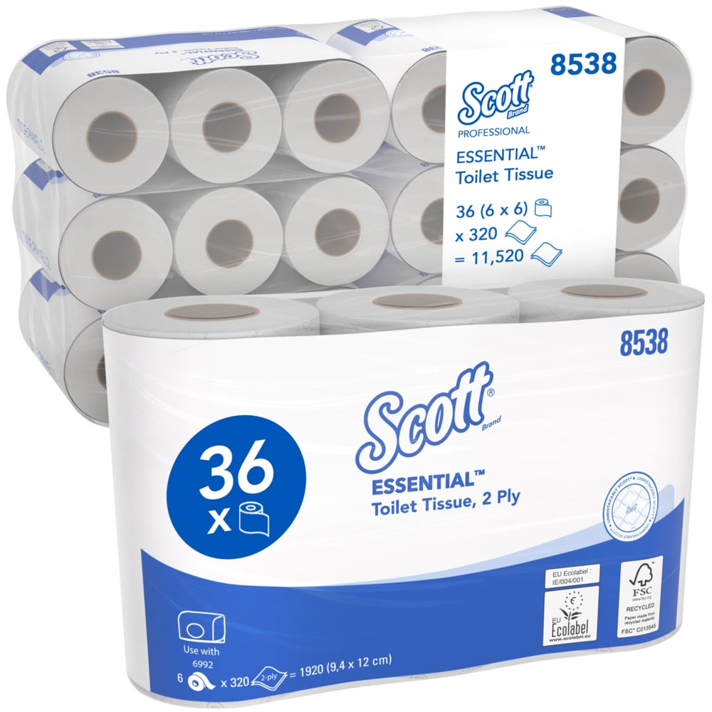 Scott® Essential™ 8538 Standard Size Toilet Roll - 2 Ply, 320 Sheets per Roll, Case of 36