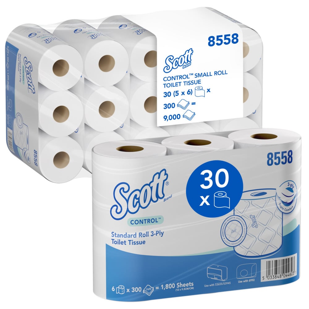 Scott® Control™ 8558 Small Roll Toilet Rolls - 3 Ply, 300 Sheets per Roll, Case of 30