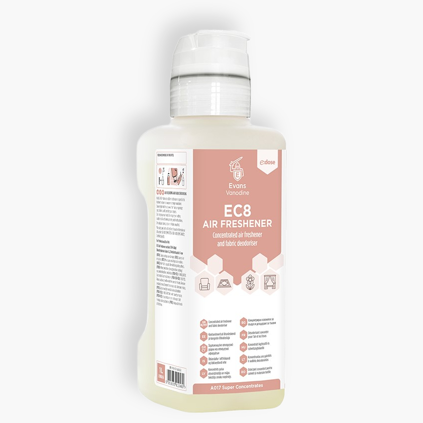 Evans Vanodine EC8 Air Freshener and Fabric Deodoriser e:dose Super Concentrate 1L – Case of 4