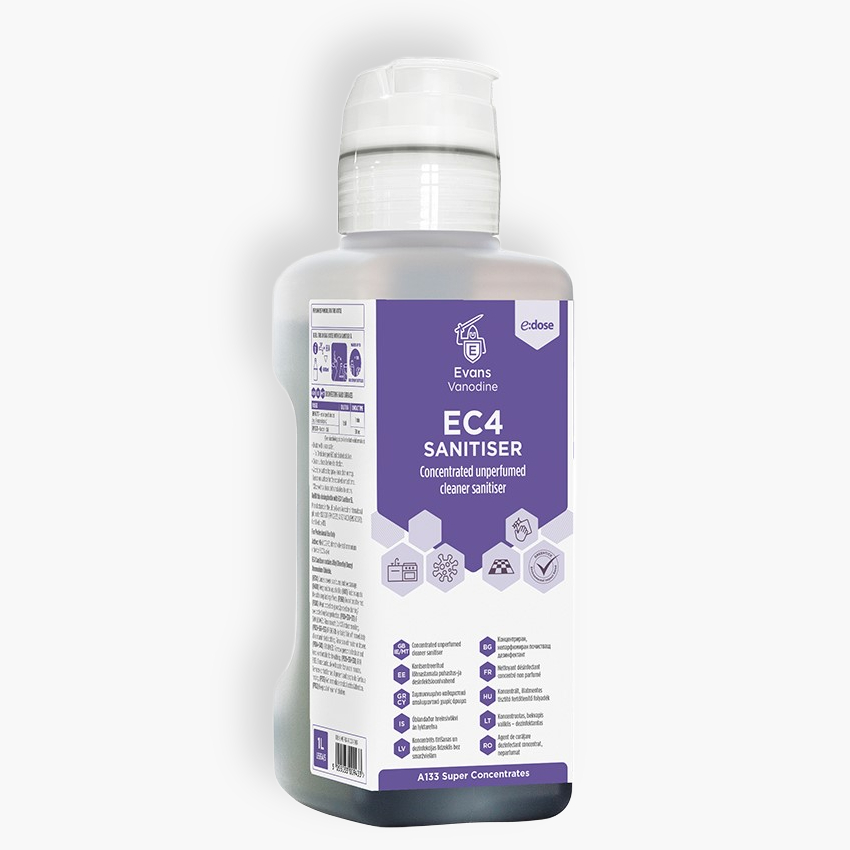 Evans Vanodine EC4 Sanitiser Multi-Surface Cleaner and Disinfectant e:dose Super Concentrate 1L - Case of 4