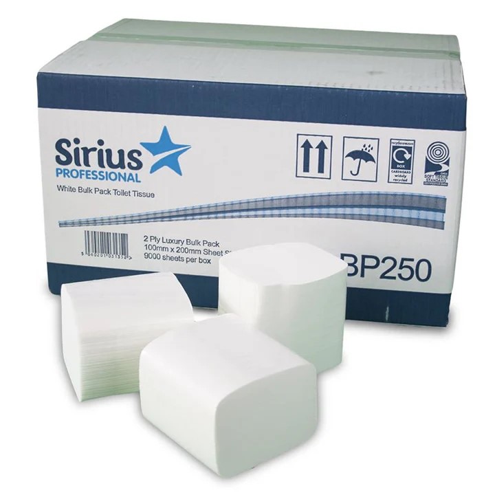Sirius Professional BP250 Luxury Bulk Pack Folded Toilet Tissue - 2 Ply, 36 Packs x 250 Sheets (9,000 Total)
