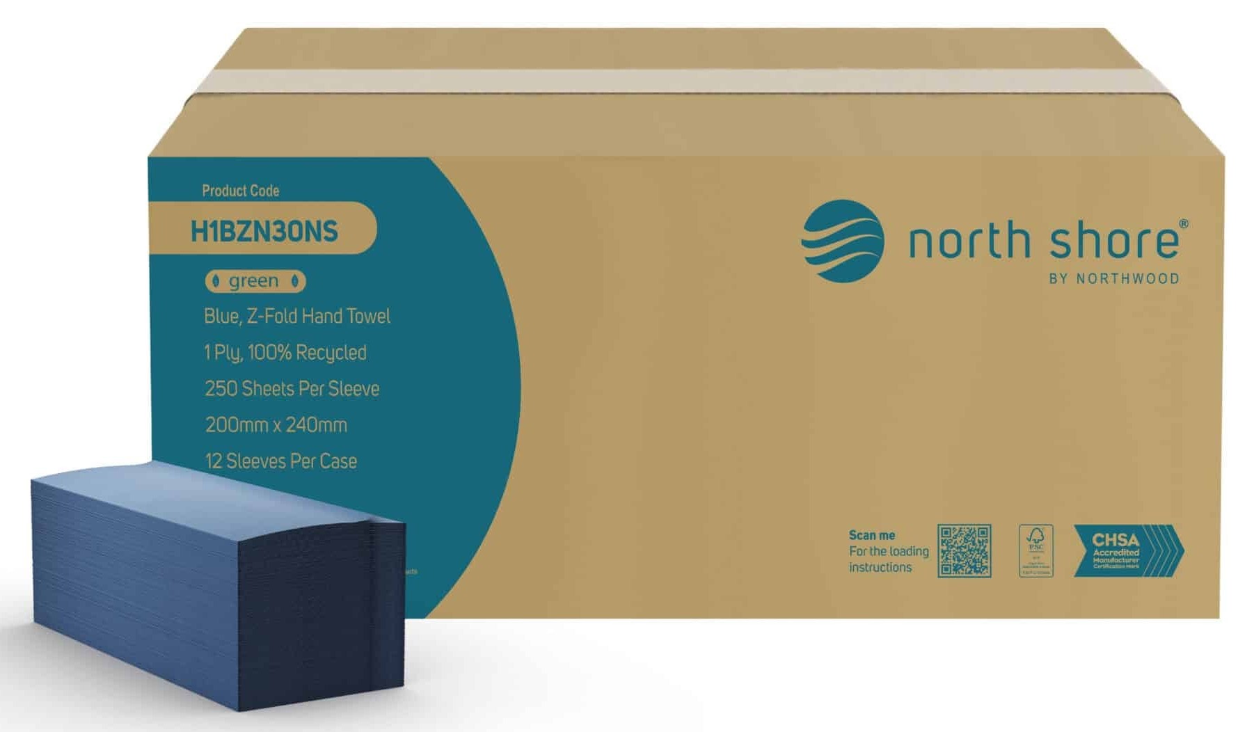 North Shore H1BZN30NS Blue Z-Fold Recycled Hand Towels - 1 Ply, Case of 3000