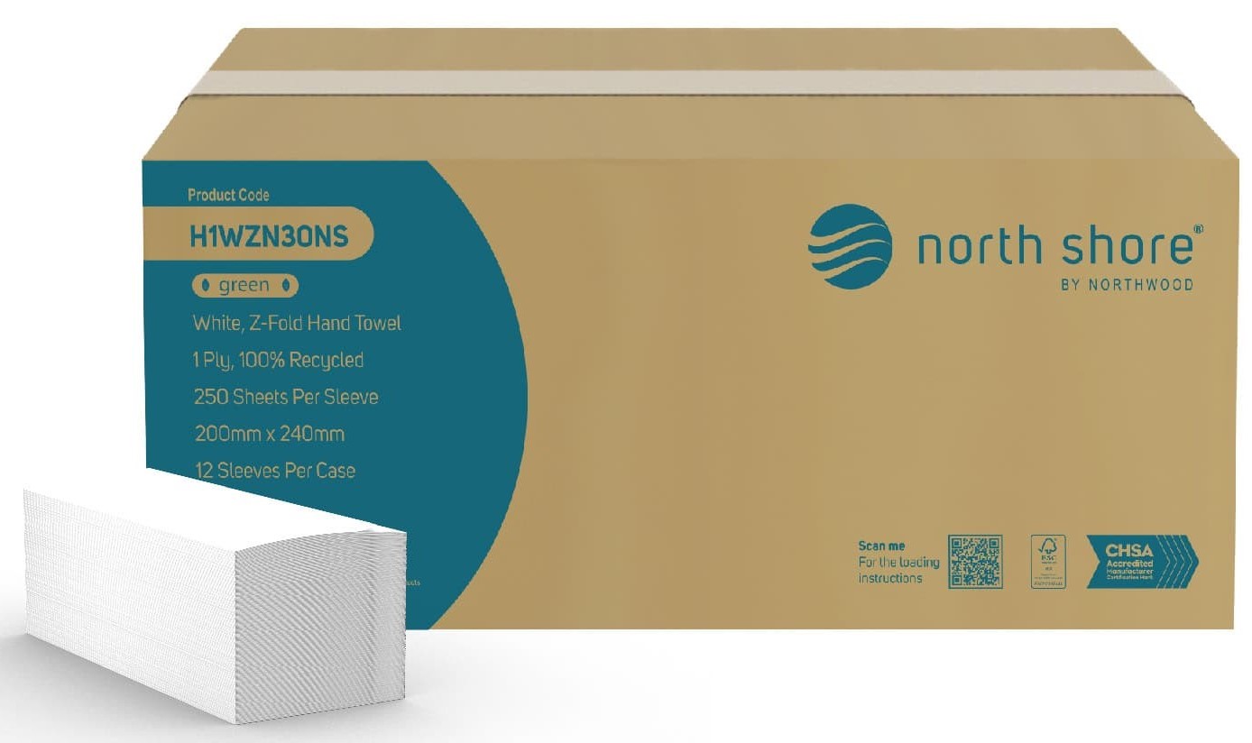North Shore H1WZN30NS White Z-Fold Recycled Hand Towels - 1 Ply, Case of 3000