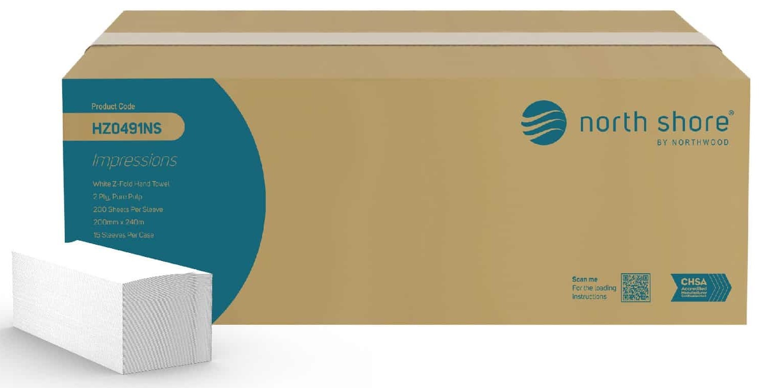 North Shore HZ0491NS White Z-Fold Hand Towels - 2 Ply, Case of 3000