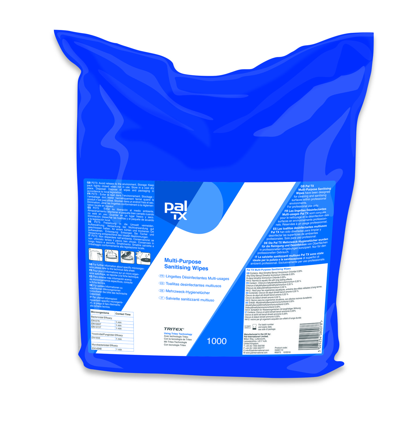 PalTX® Q400110 Multi-Purpose Sanitising Wipes, 1000 Sheet Refill Pack - Case of 3