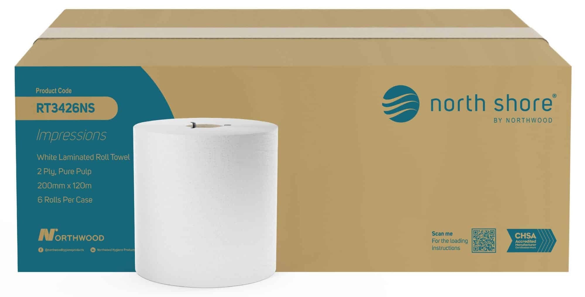 North Shore RT3426NS White Laminated & Embossed Roll Towel - 2 Ply, Case of 6