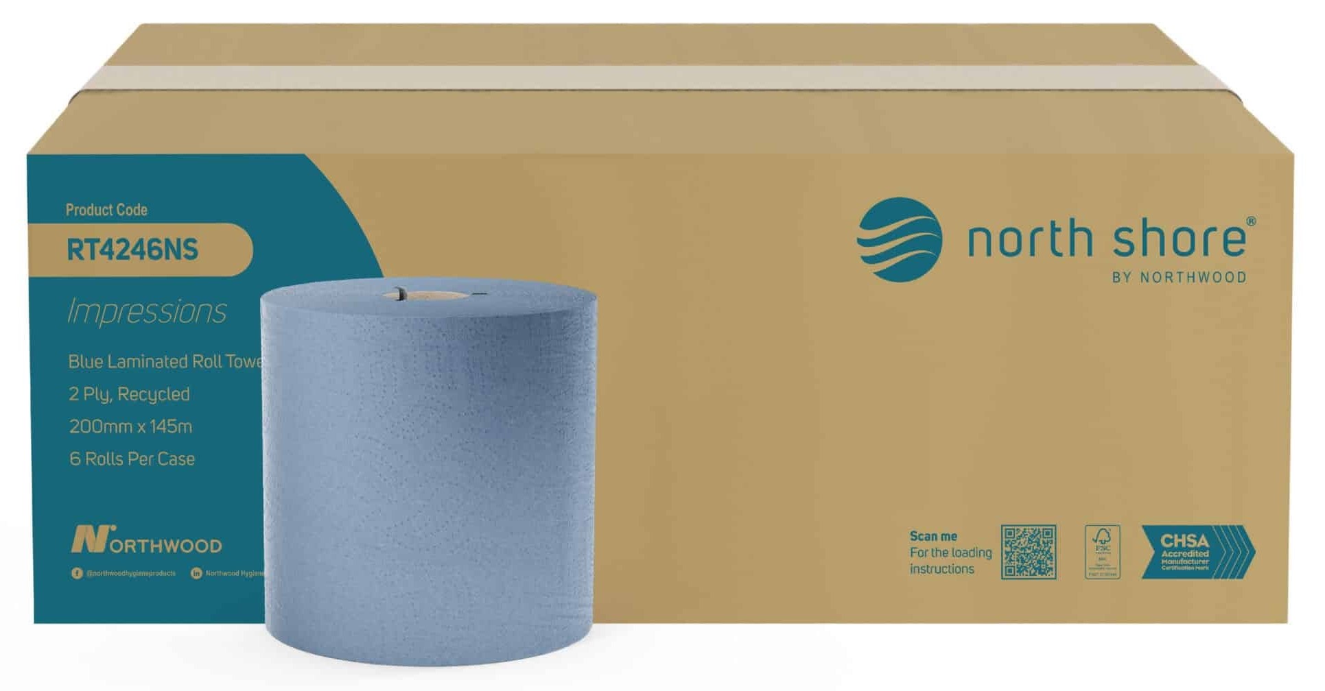 North Shore RT4246NS Blue Embossed & Laminated Recycled Roll Towel - 2 Ply, Case of 6