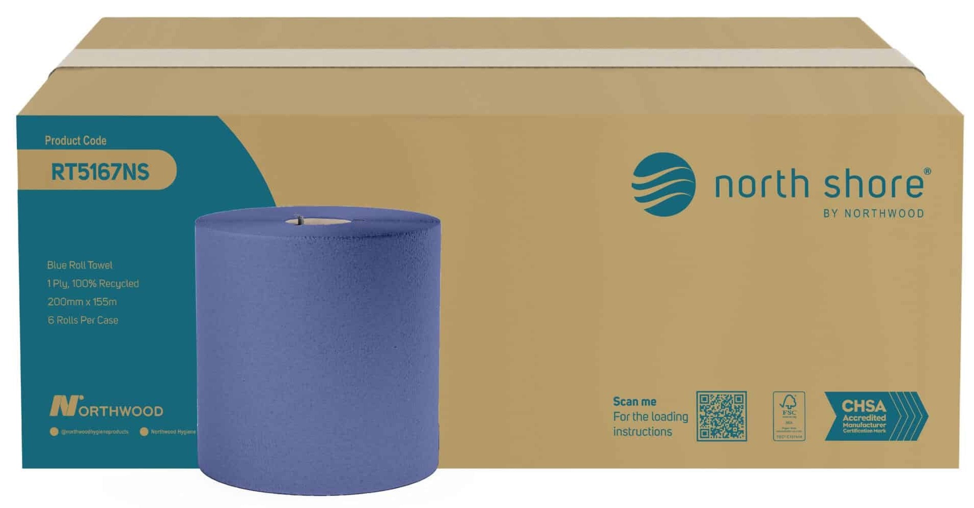 North Shore RT5167NS Blue Embossed Recycled Roll Towel - 1 Ply, Case of 6