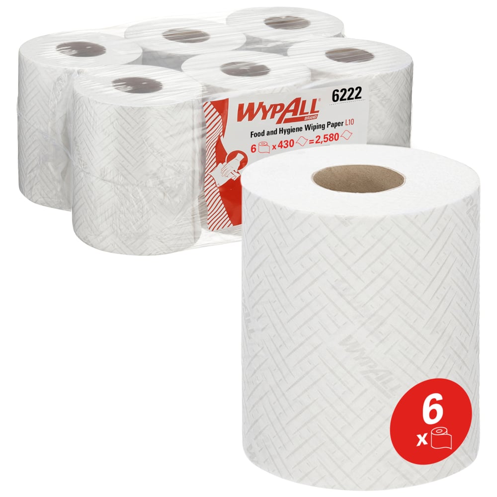 WypAll® L10 6222 Food & Hygiene Centrefeed White Roll - 1 Ply, 430 Wipes/Roll, Case of 6 (2,580 total)